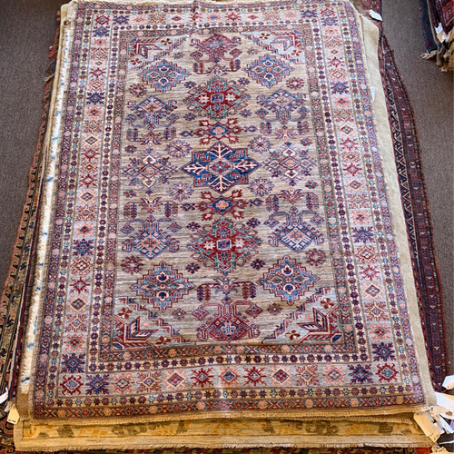 5‘6“ X 8‘1“ beige and gray multicolor tribal kazak handknotted carpet