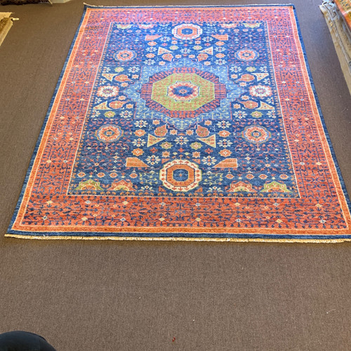 9’3” x 12’1” dark blue, red and green geometric transitional mamluk style handknotted carpet