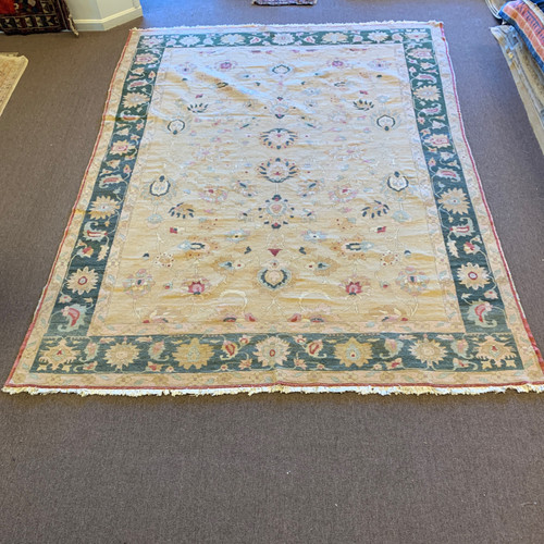 9’0” X 12‘0“ beige, dark green and pink Handknotted floral traditional rug