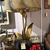 Fabulous mid century Yasha Heifetz Signed near cord, Flora Brass table lamp with coral cyanotype parchment shade. Very rare lamp