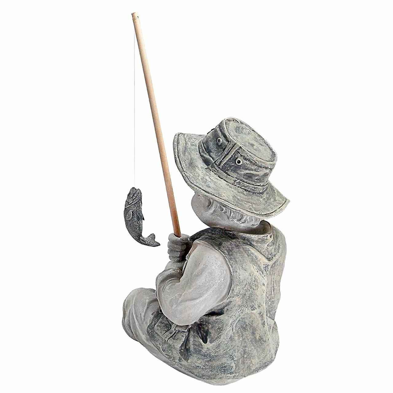9” Boy Fishing Statue Resin Gray Little Fisherman Figurine Pond Garden  Sculpture