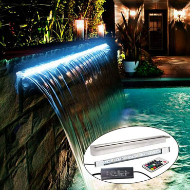 DG Pool Products Lighted Waterfall Pool Fountain With LED 7 Color Changing And Remote, Stainless Steel Spillway For Sheer Descent Garden Outdoor 35.5