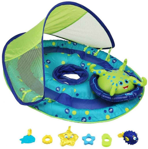 DG Pool Products Baby Spring Float Activity Center with Canopy - Inflatable Float for Children with Interactive Toys and UPF Sun Protection - Blue/Green Octopus