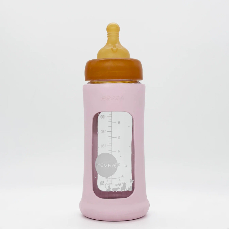 Hevea WIDE NECK BABY GLASS BOTTLE WITH SLEEVE 250ML/8.5OZ SINGLE-PACK  Powder Pink