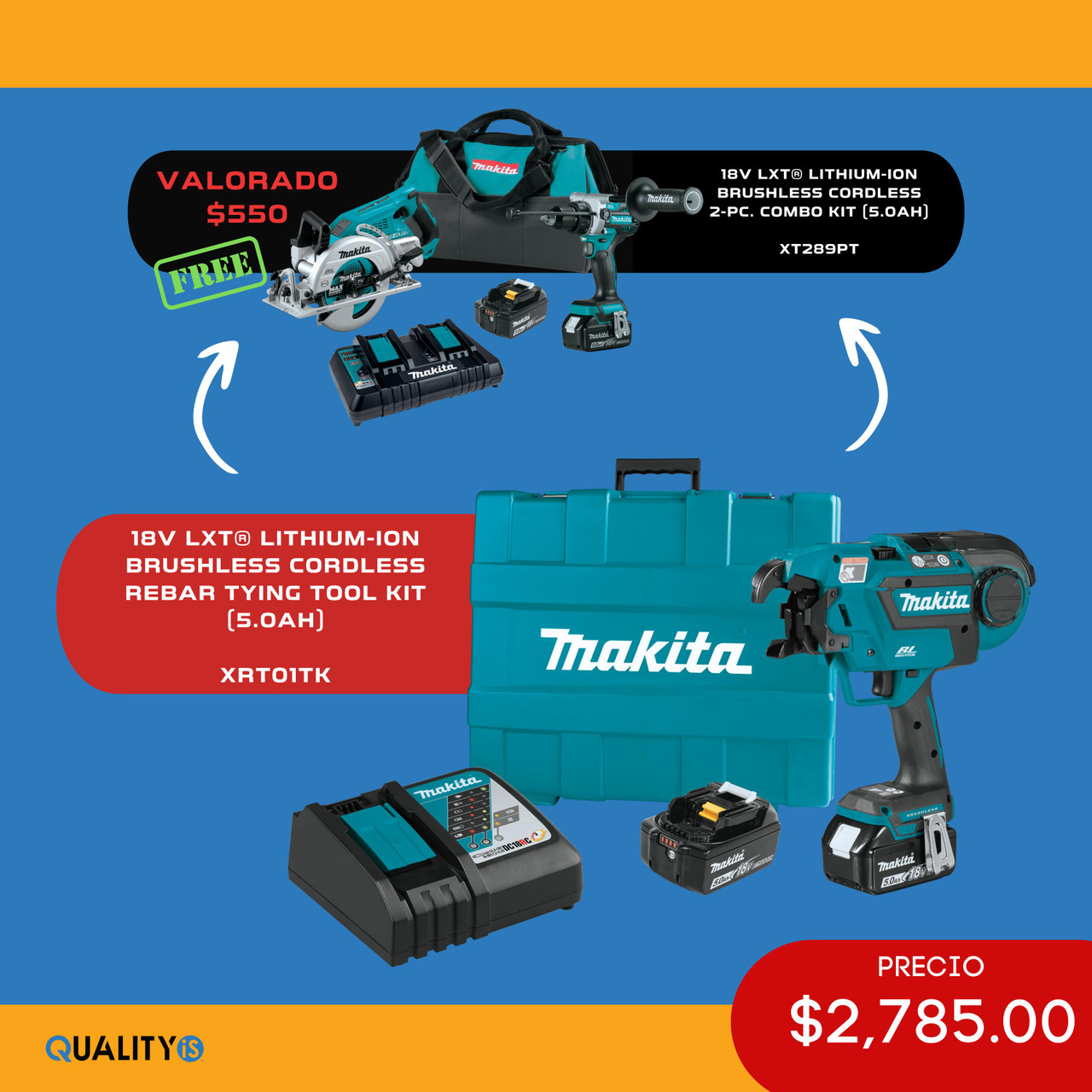 Makita 18V LXT® Lithium‑Ion Brushless Cordless Rebar Tying Tool Kit (5.0Ah) *** PROMO **** Free XT289PT