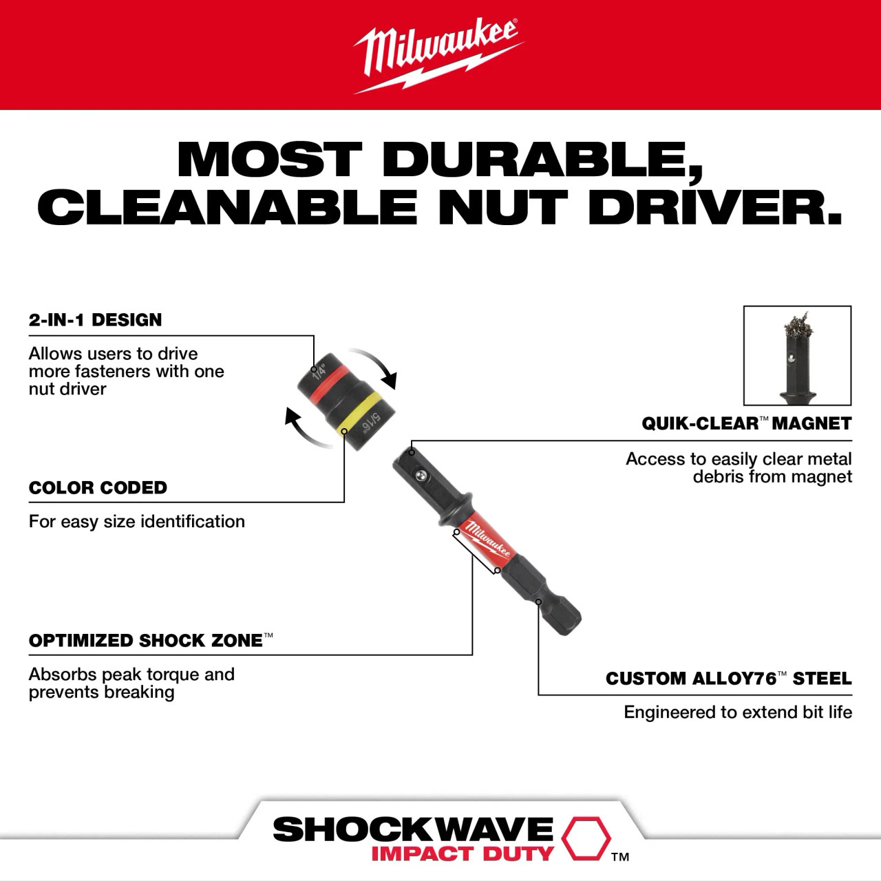 SHOCKWAVE Impact Duty™ 1/4” and 5/16” x 2-1/4” QUIK-CLEAR™ 2-in-1 Magnetic Nut Driver