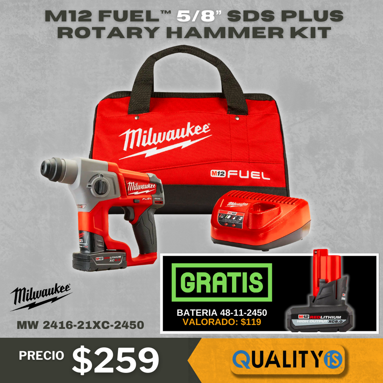 M12 FUEL™ 5/8” SDS Plus Rotary Hammer Kit /free XC5.0 Battery m12