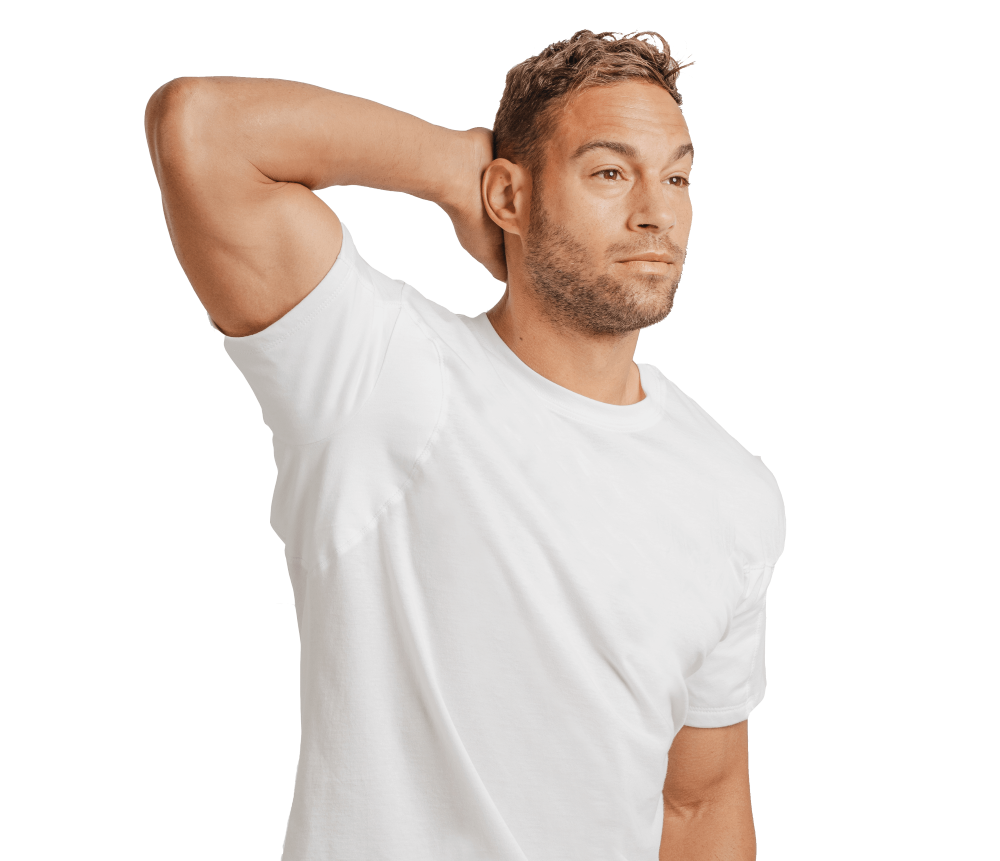 Man wearing a white crewneck original fit Thompson Tee Man wearing a white crewneck original fit Thompson Tee