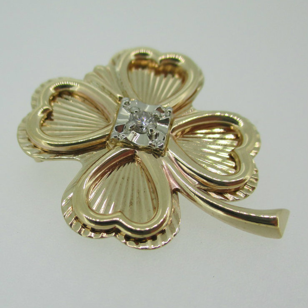 10k Yellow Gold Four Leaf Clover Pin Brooch with Diamond Accent