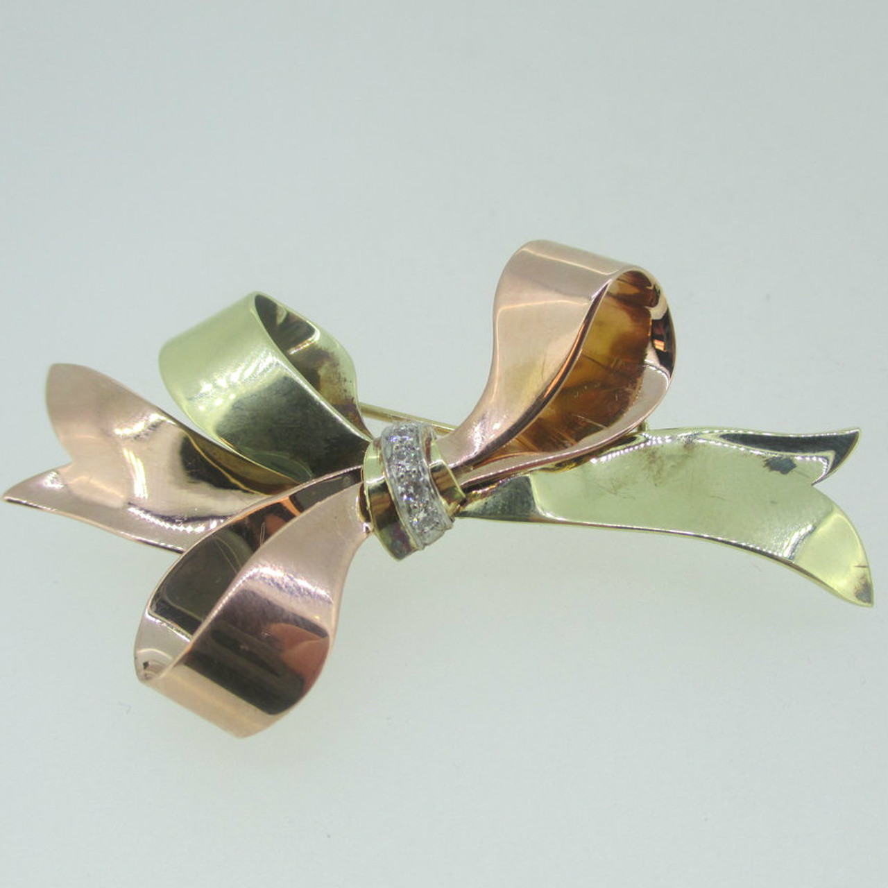 14k Yellow Gold Rose Gold Approx .1ct TW Ribbon Bow Pin Brooch