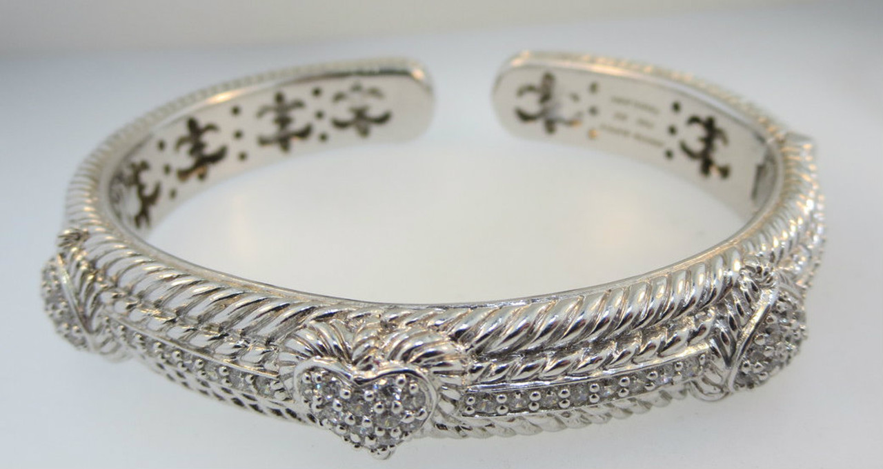 Signed JUDITH RIPKA 925 CZ Cable Hearts Hinged Bangle Diamonique Pave Set*  - American Antiques and Jewelry