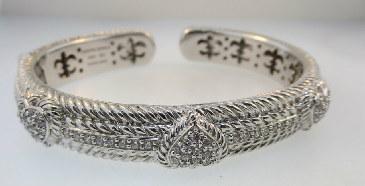 Signed JUDITH RIPKA 925 CZ Cable Hearts Hinged Bangle Diamonique Pave Set*  - American Antiques and Jewelry