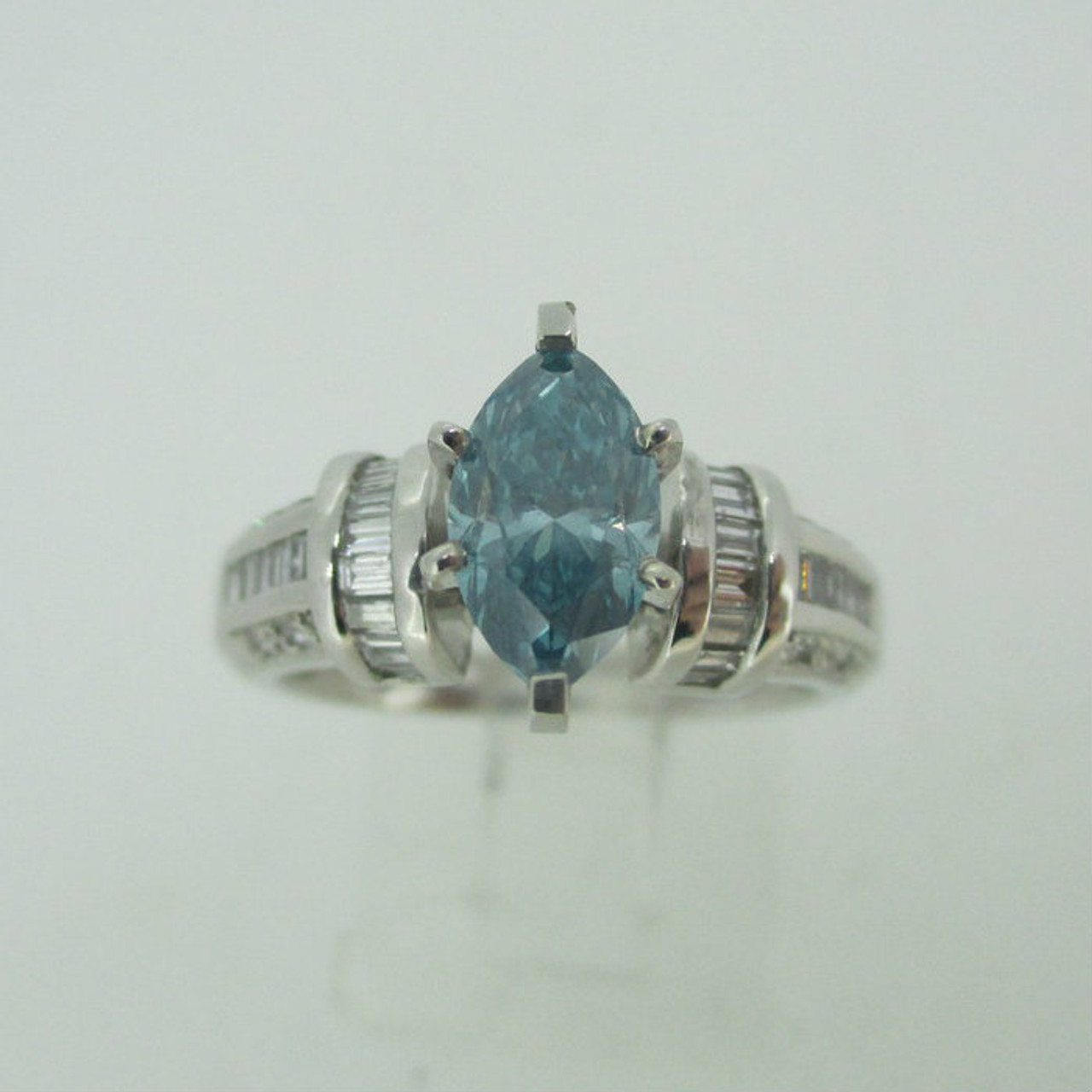 14k White Gold 1.06ct Marquise Cut Blue Diamond Ring with Diamond Accents  Size 6 1/4