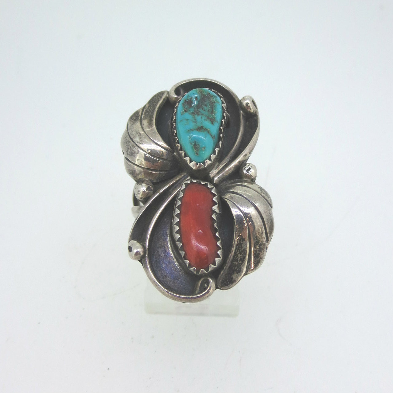 Vintage Sterling Silver Signed Juan Martinez Turquoise & Coral Ring Size  8.25