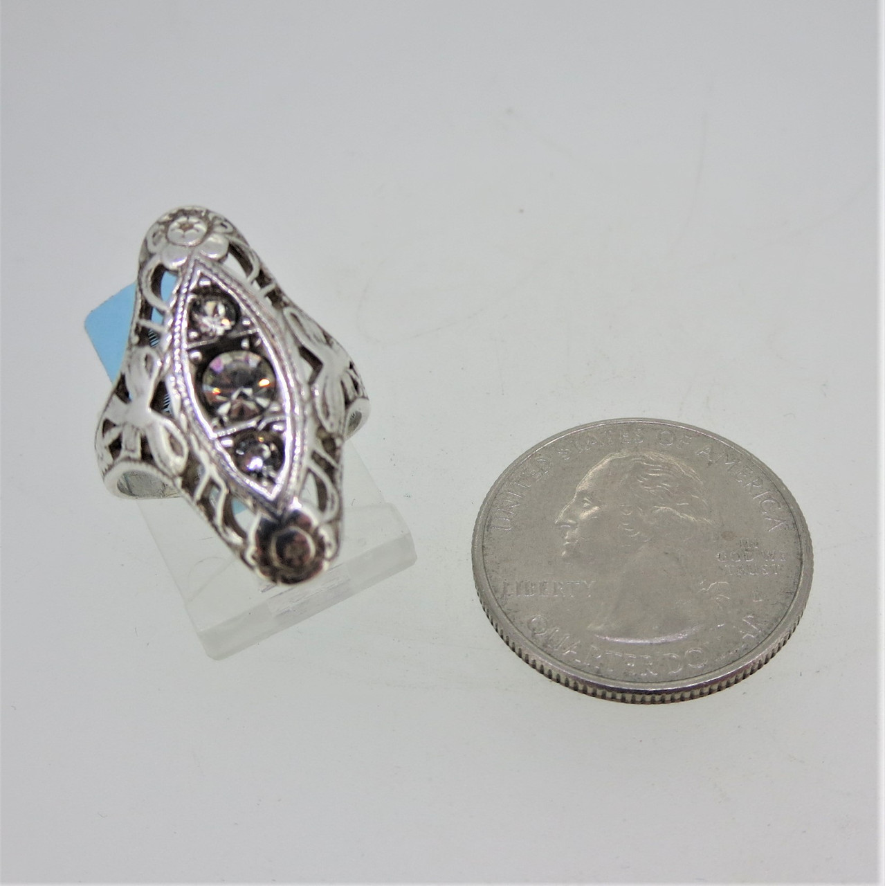 Vintage Sterling Silver Art Deco Filigree Design Rhinestone Accents Ring Sz  4.5