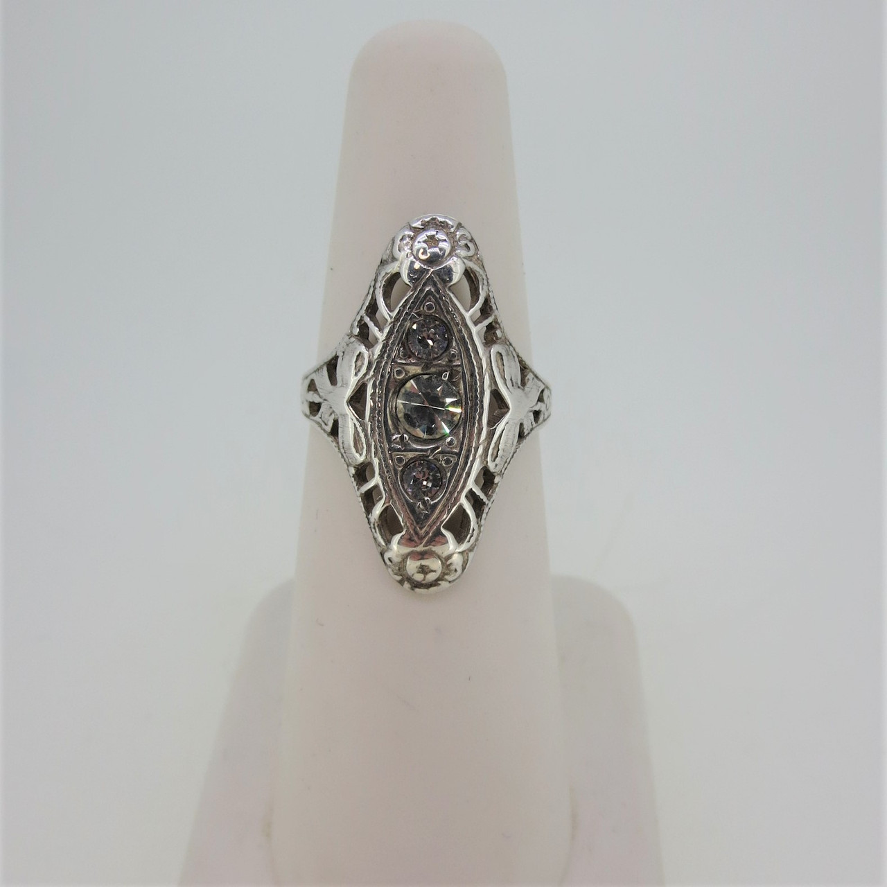 Vintage Sterling Silver Art Deco Filigree Design Rhinestone Accents Ring Sz  4.5