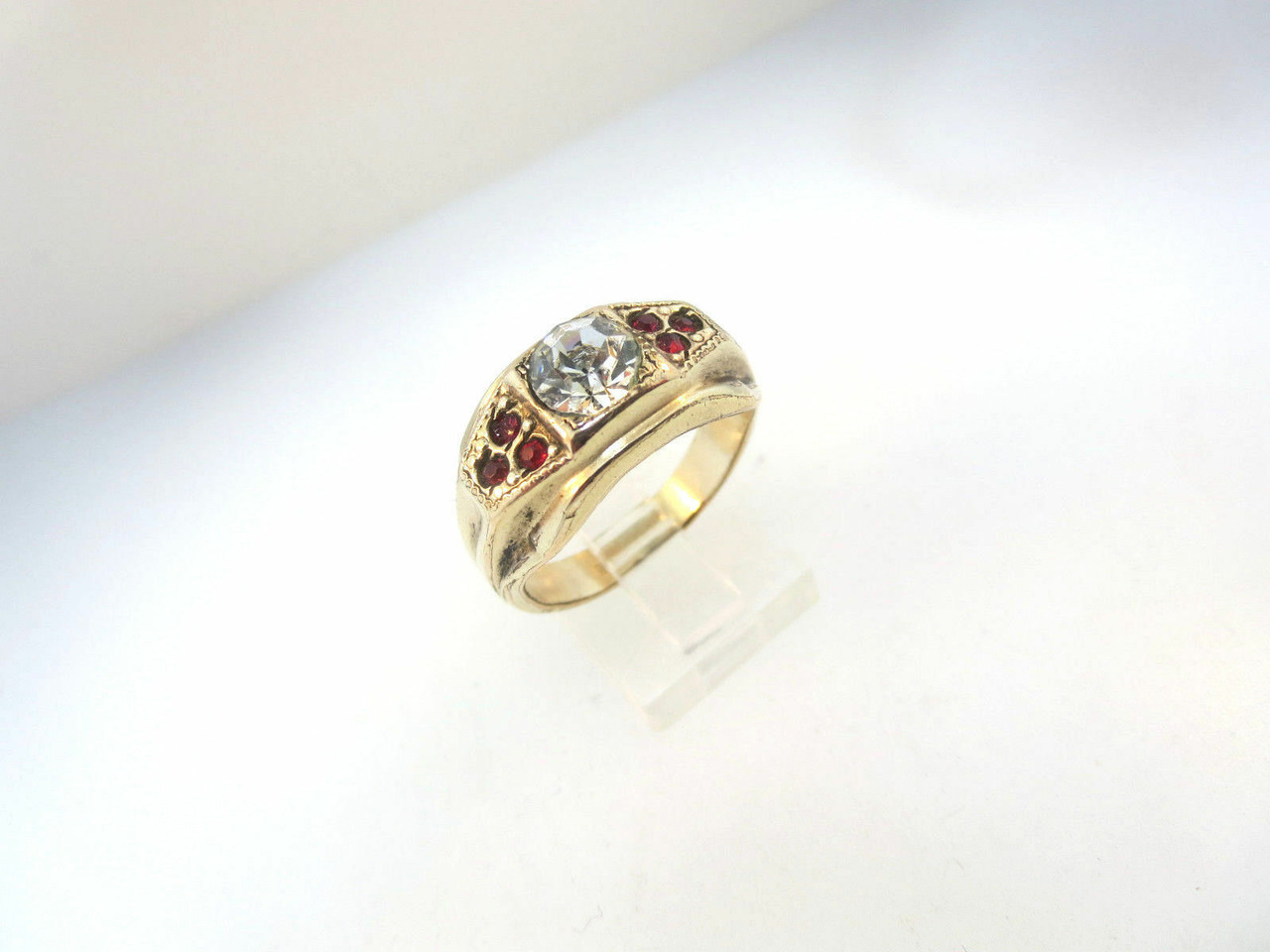 Vintage 12k Gold Filled Clear and Red Rhinestones Unisex Ring Size 8.75