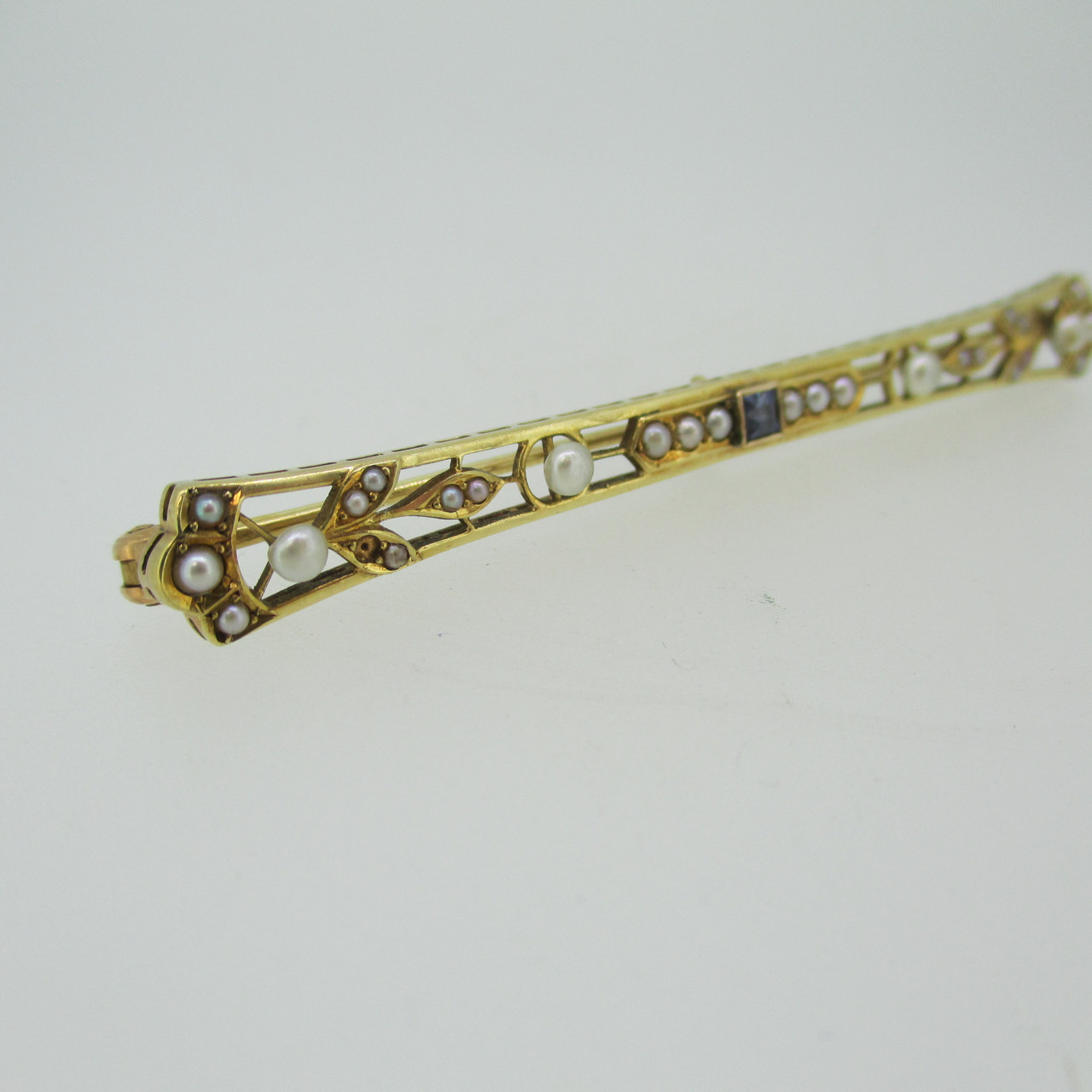 Vintage 10k Yellow Gold Sapphire and Seed Pearl Stick Pin