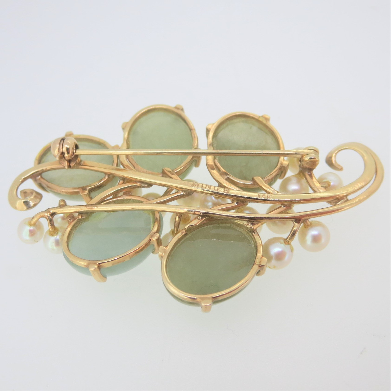 14k Yellow Gold Ming's Signed Jade & Pearl Brooch Pin