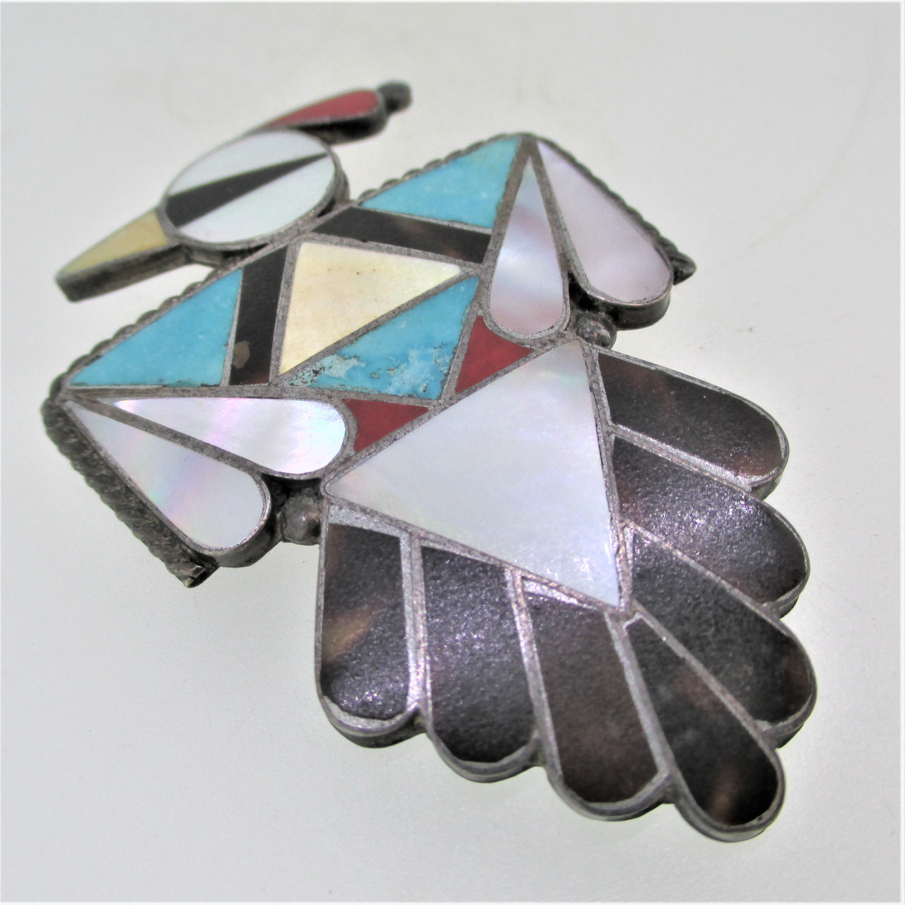 Unmarked Sterling Silver Native American Zuni Thunderbird Multi-stone Inlay  Pin