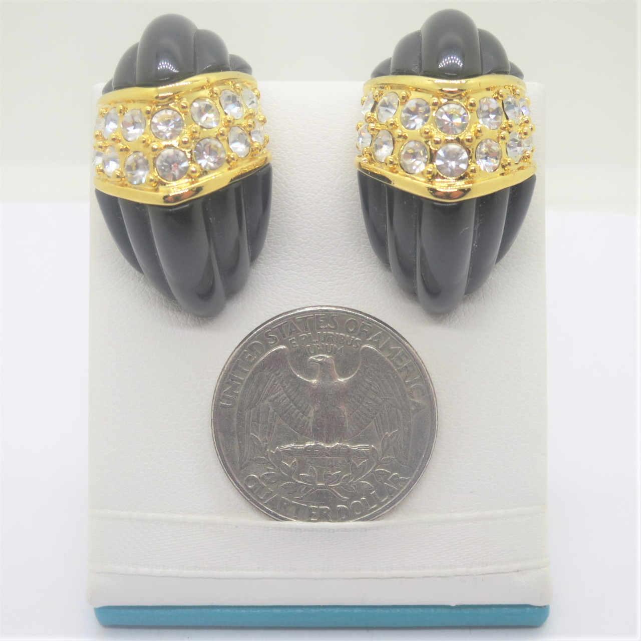 Kenneth Jay Lane Gold Tone Black Plastic w Rhinestone