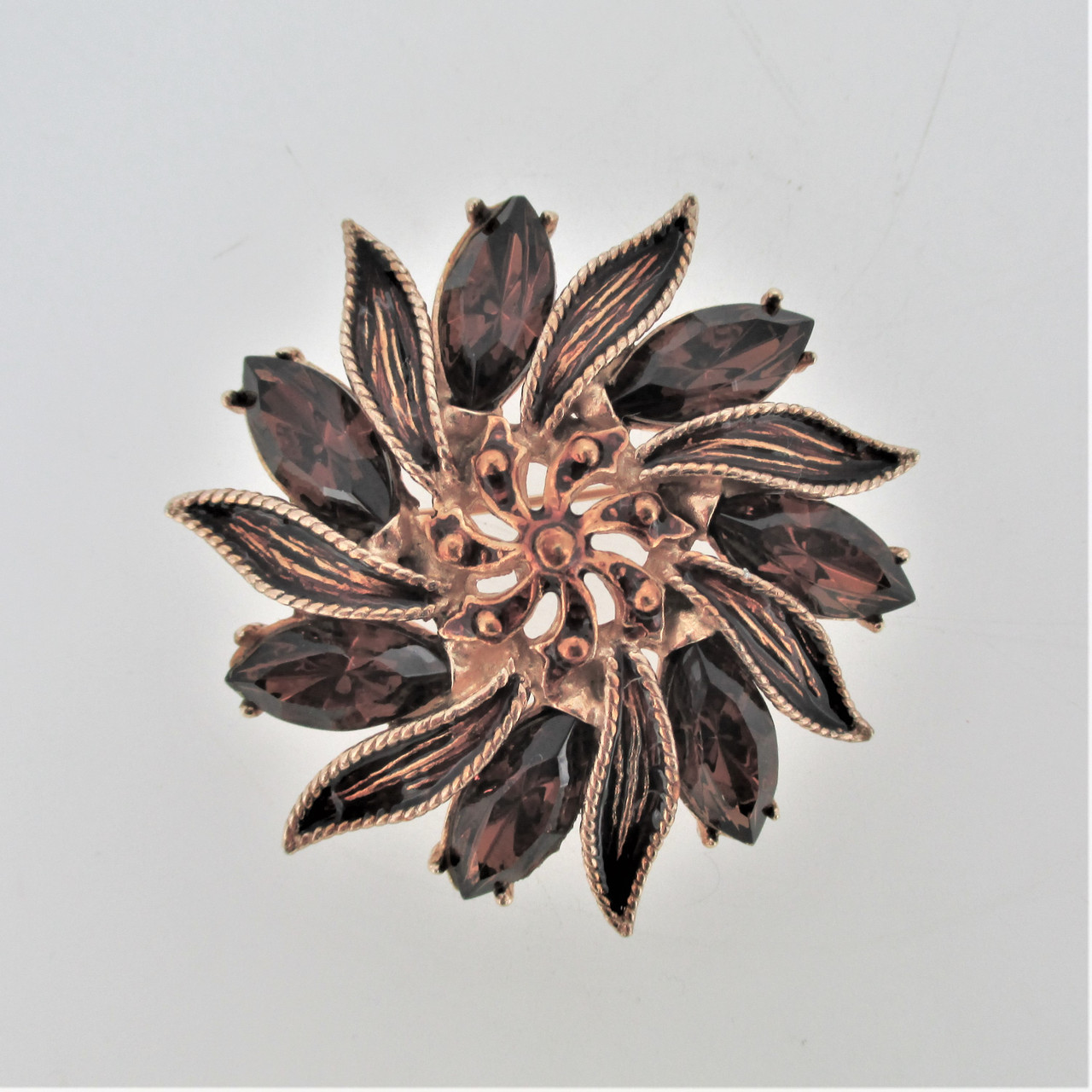 HollyCraft Gold Tone Brown Enamel and Rhinestone Swirled Flower Pin