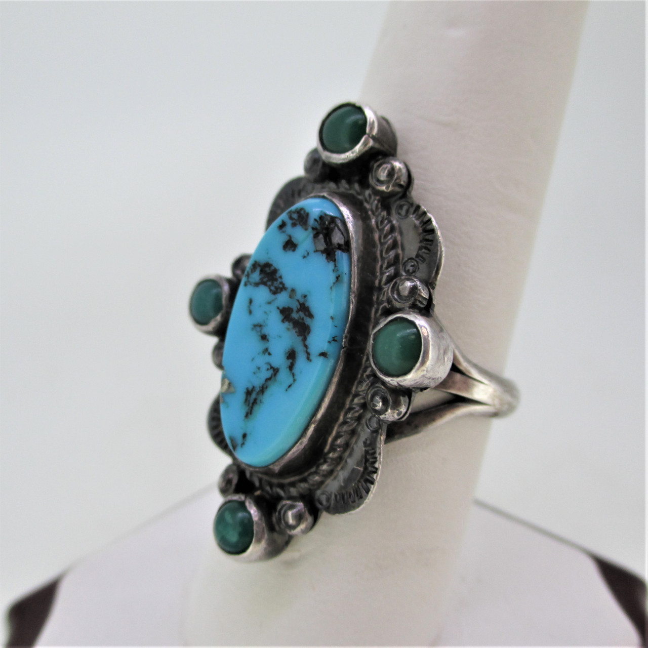 Shube's Mfg Inc Sterling Silver Oblong Stamp Work Turquoise Ring Size 8