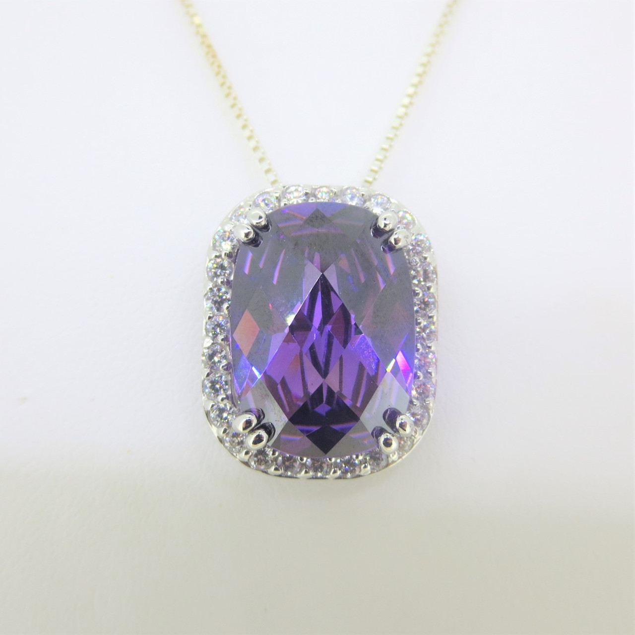 Sterling Silver Necklace with Purple Stone Pendent and Clear CZ
