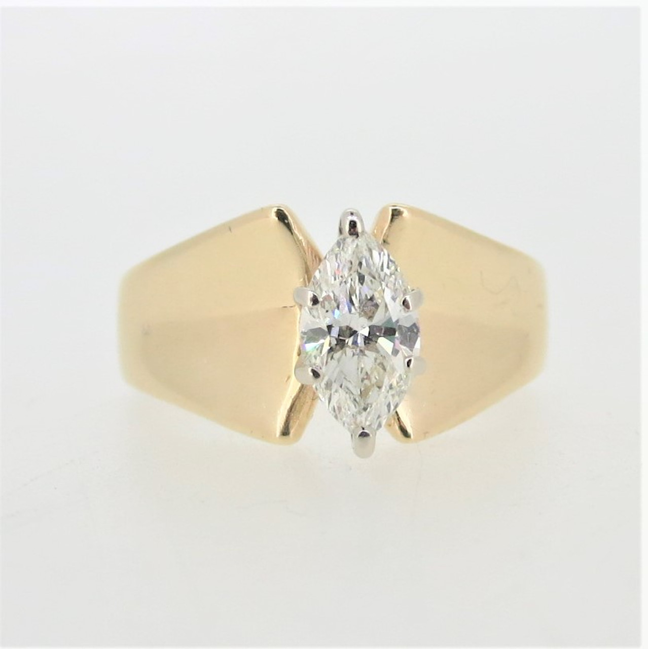 Wide Band Under Halo Marquise Cut Diamond Engagement Ring In 14K Yellow Gold