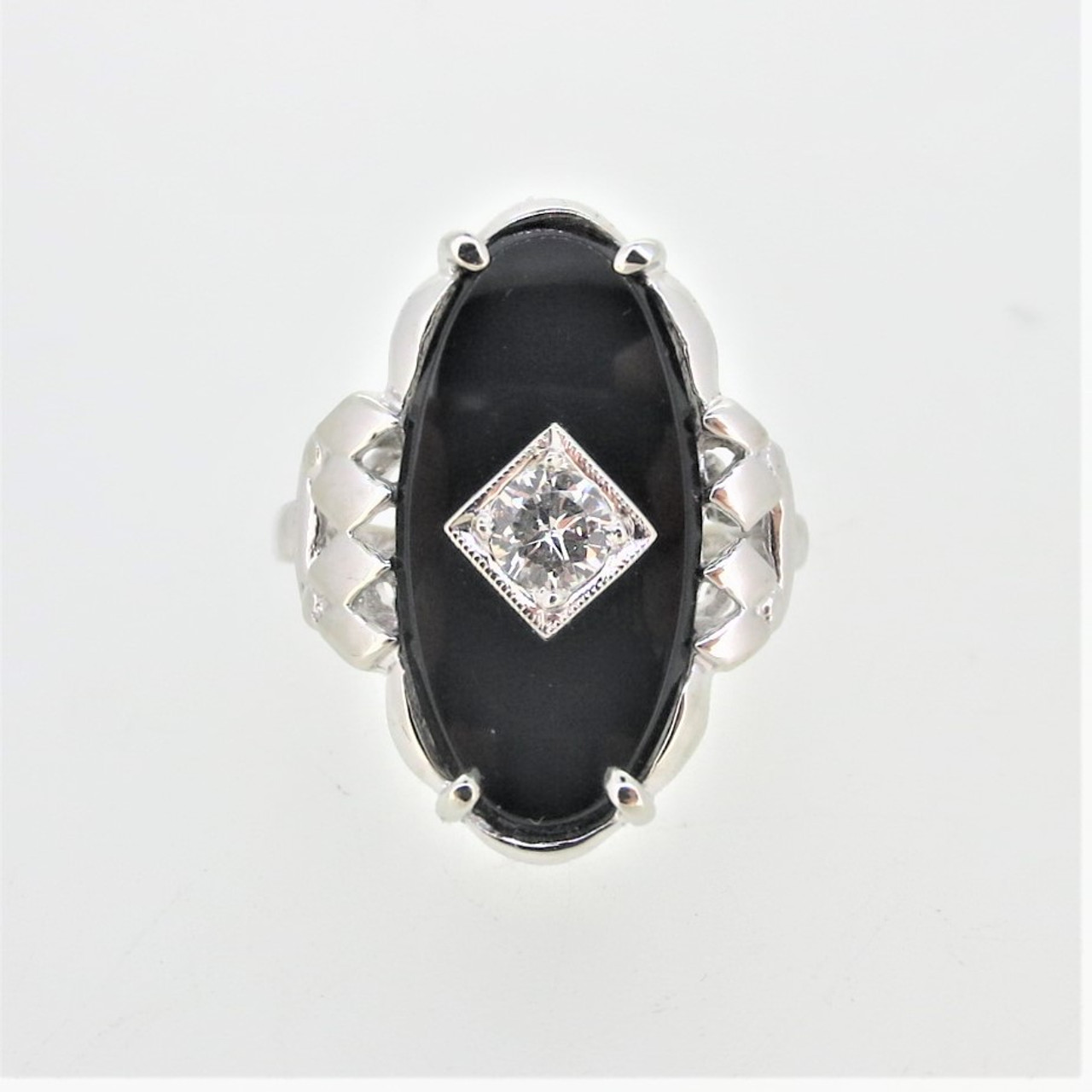 Vintage Hand Wrought 10K W Gold Black Onyx .20ct Diamond