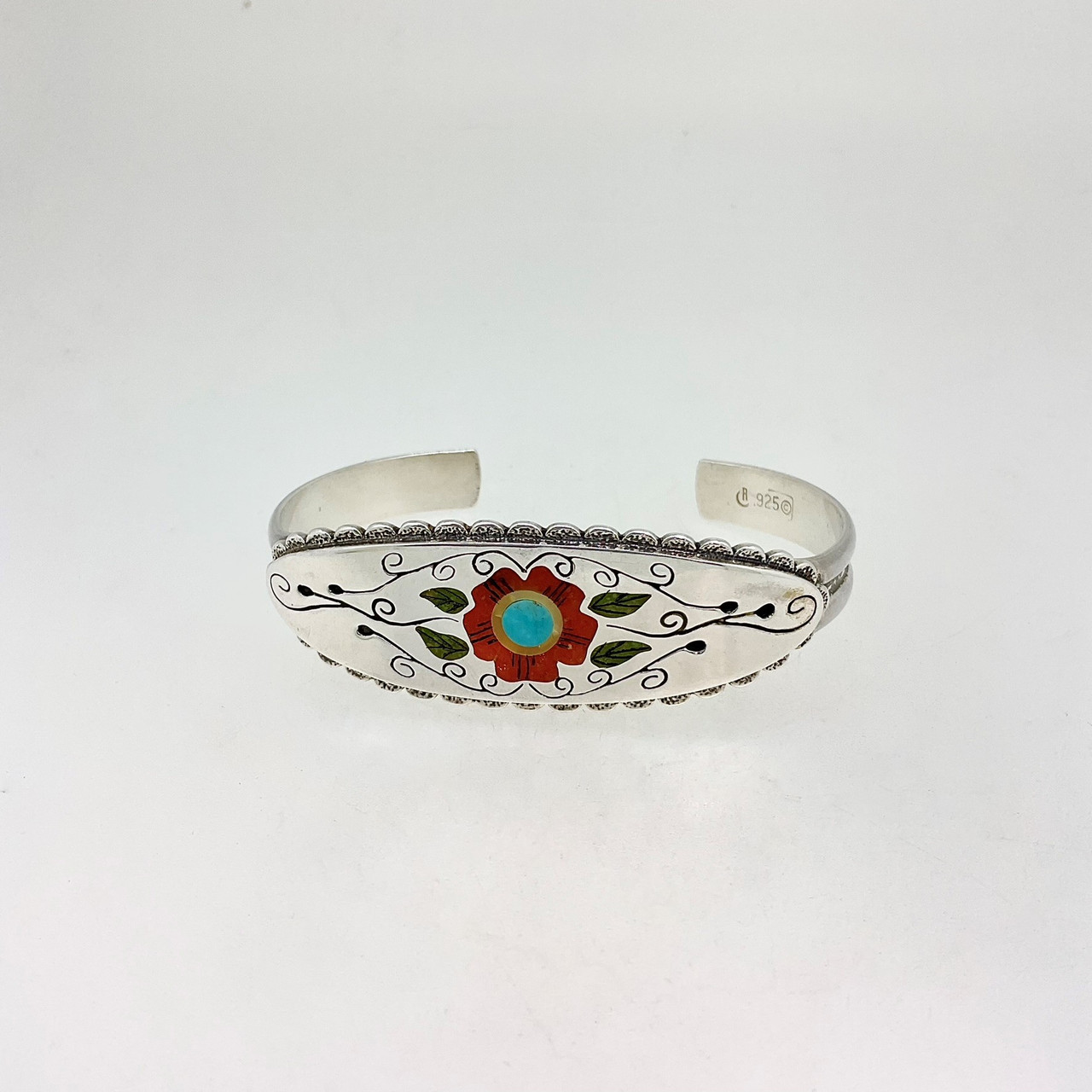 Zuni Carolyn Pollack Relios + RN Laconsello Sterling Silver Flower  Turquoise Coral MOP Inlay Bracelet Cuff