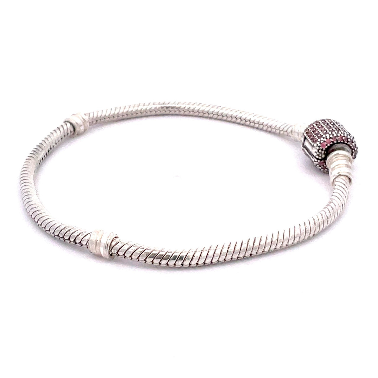 Pandora Sterling Silver Sparkling Pavé Pink Stone Clasp Snake Chain  Bracelet 7