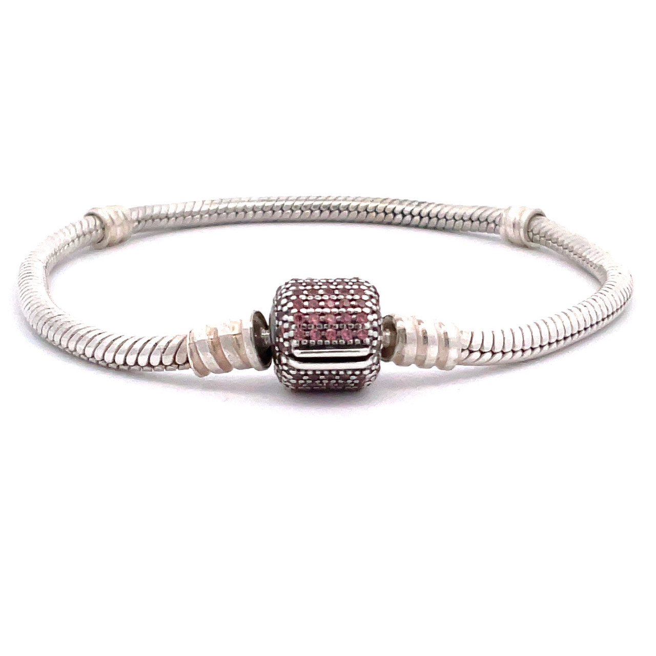 Pandora Sterling Silver Sparkling Pavé Pink Stone Clasp Snake Chain  Bracelet 7