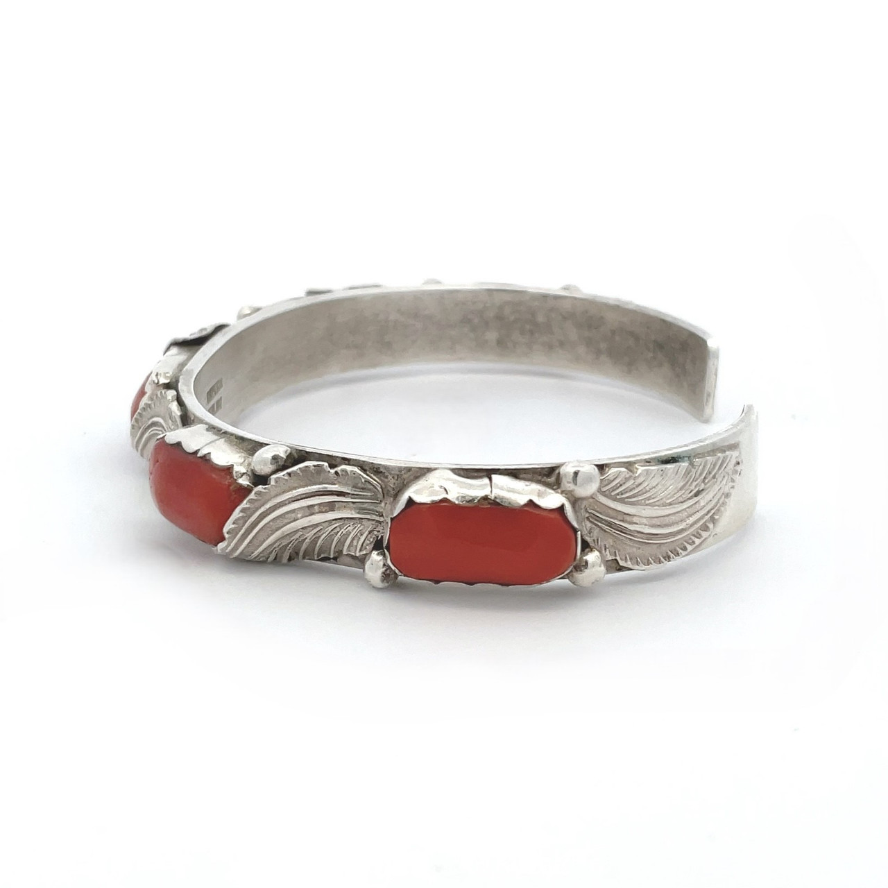 Carmelita Simplicio Sterling Silver Red Coral Feather Cuff Bracelet