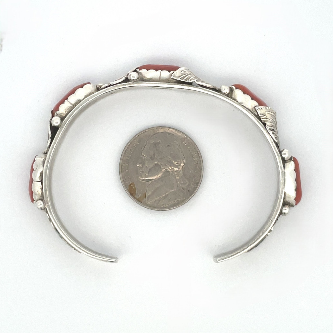 Carmelita Simplicio Sterling Silver Red Coral Feather Cuff Bracelet