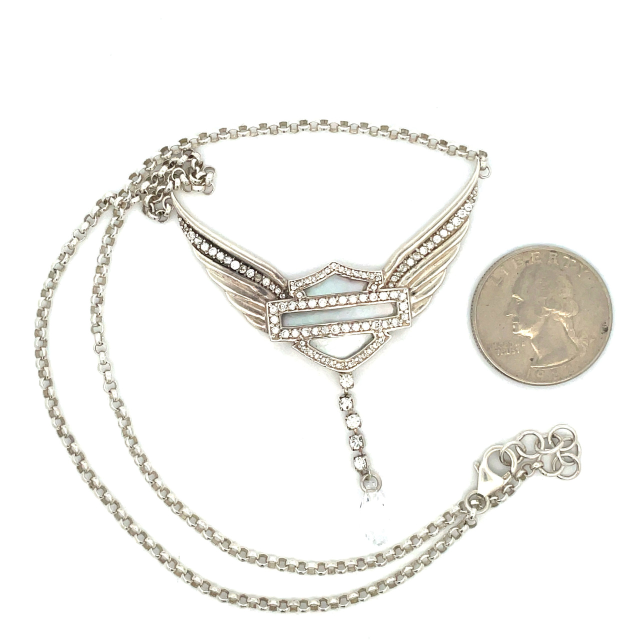 Sterling Silver Harley Davidson Wings CZ Mother Of Pearl 19
