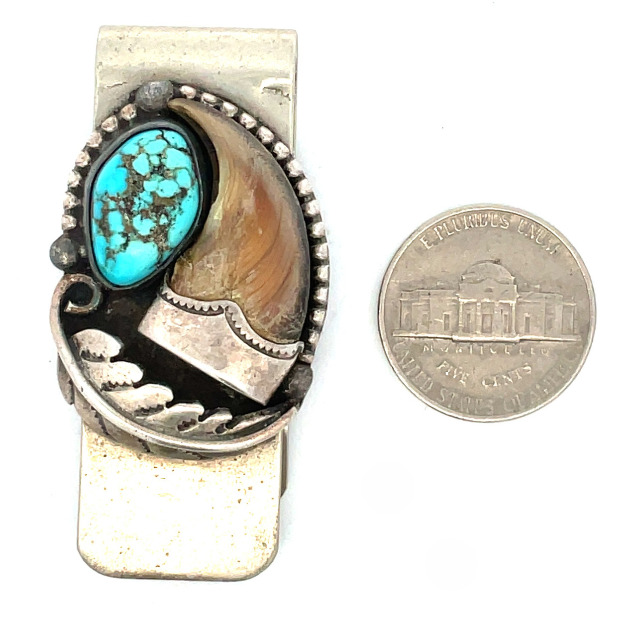 Navajo Sterling Silver Bear Claw and Turquoise Money Clip