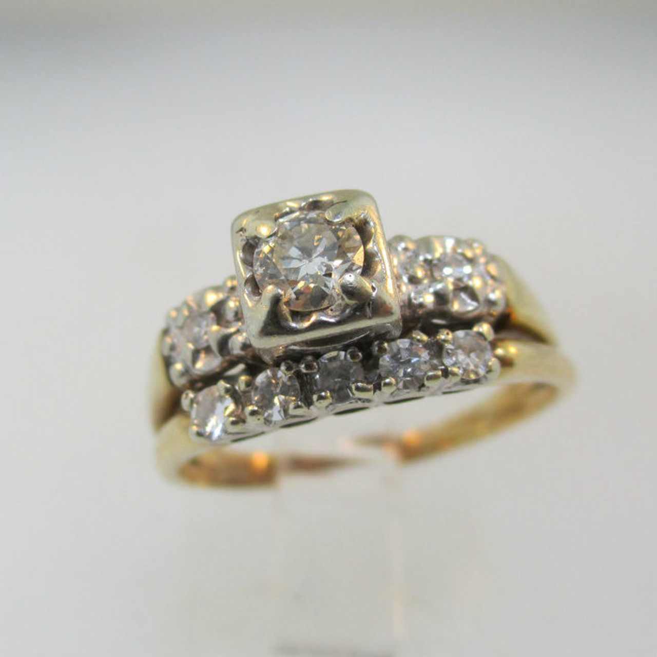 1950s Vintage Diamond Bridal Ring Set 14K Yellow Gold