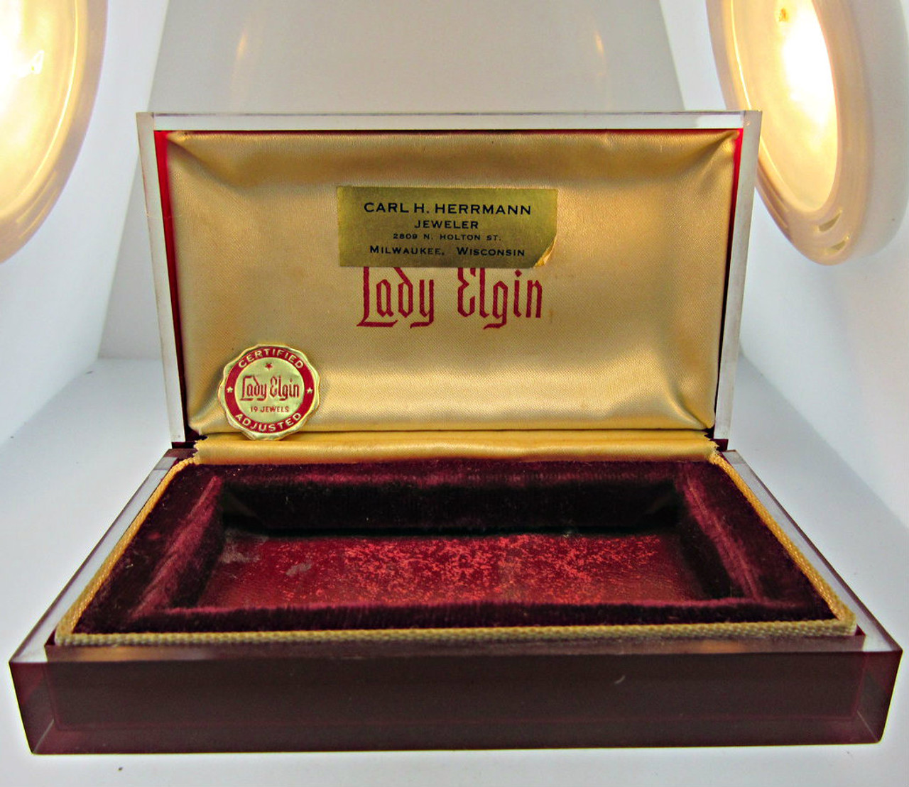 Vintage Lady Elgin 21 Jewels Durapower Clear and Burgundy Watch Box