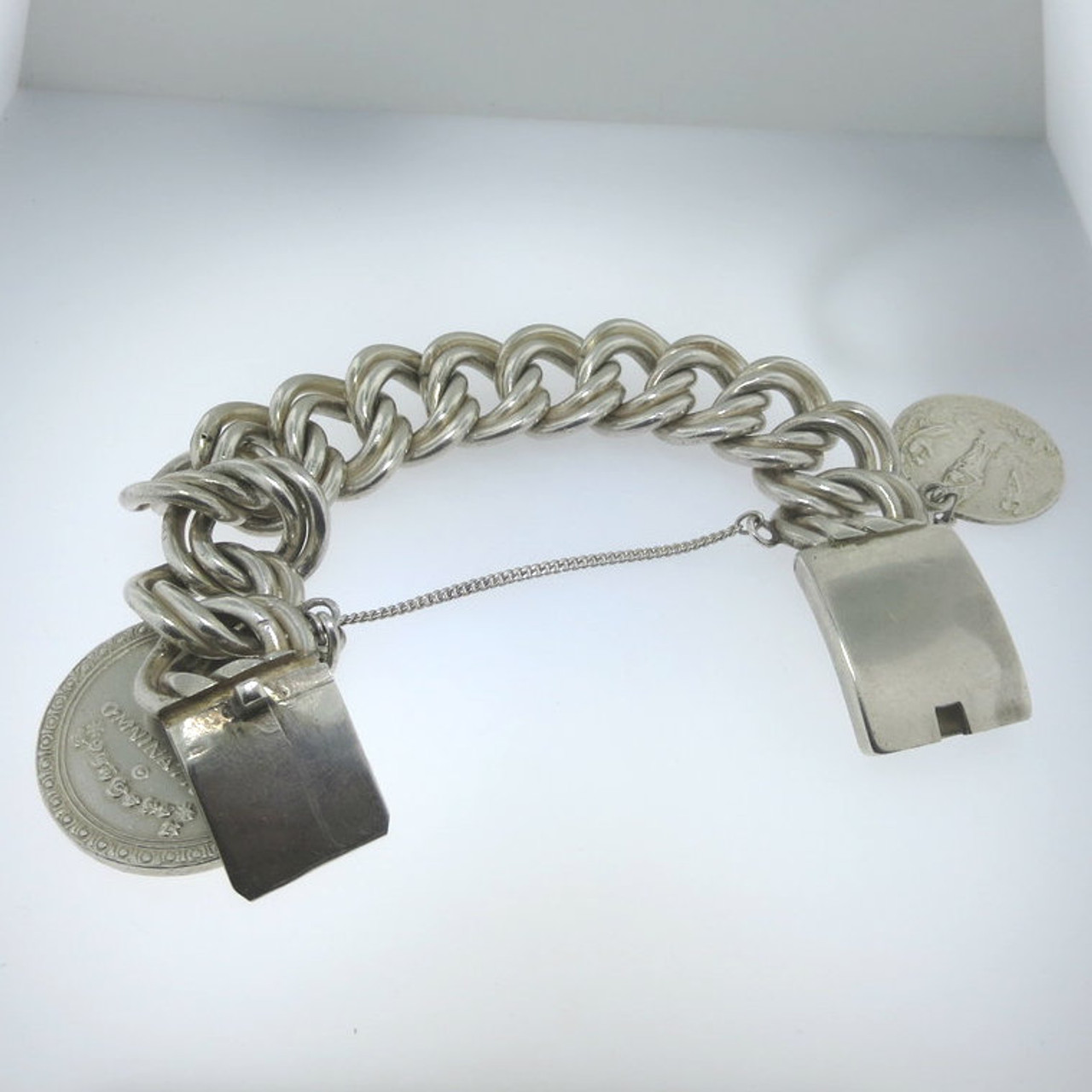 Vtg Sterling Silver Mexico Heavy Link Chain Bracelet w Safety Chain &  Religious