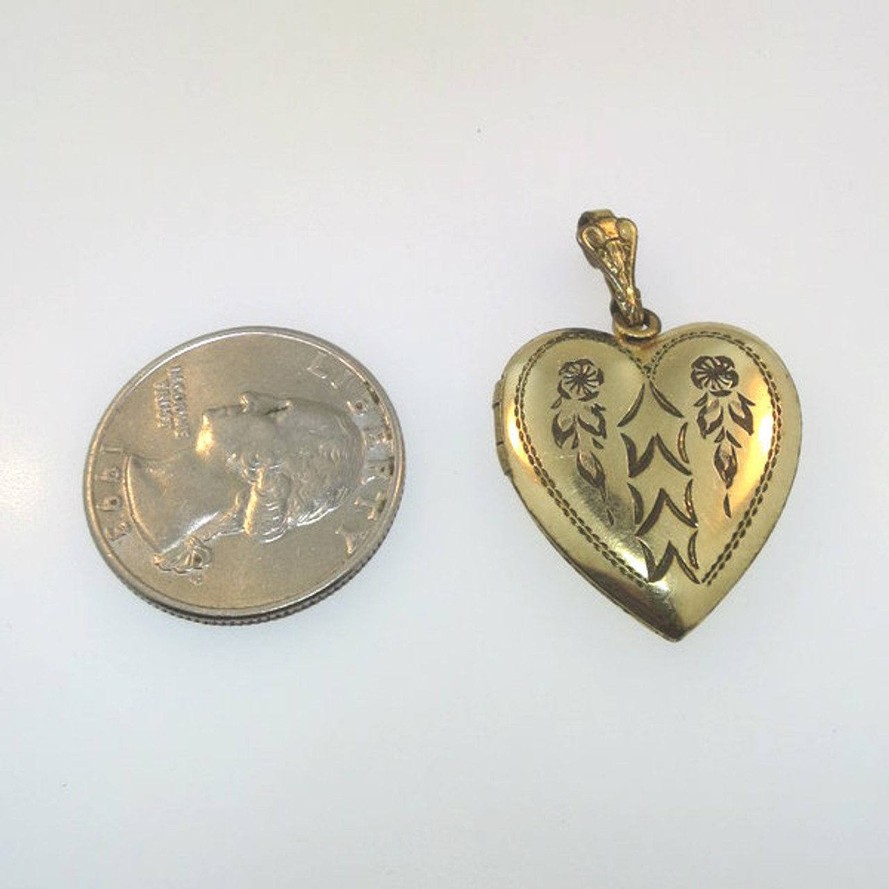 10K Gold Filled Etched Flower Design Heart Locket Pendant With