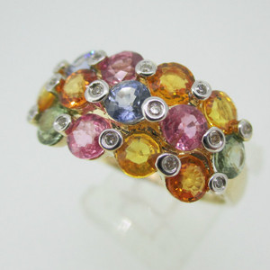 14k Yellow Gold Pink Green Orange Blue Sapphire Fashion Ring with Diamond Accents Size 10 