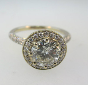 18k White Gold Approx. 1.41ct Round Brilliant Diamond Halo Ring Surrounded with Diamonds and Yellow Gold Accents. Size 6 ½ *