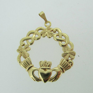 14k Yellow Gold Claddagh Celtic Knot Round Pendant