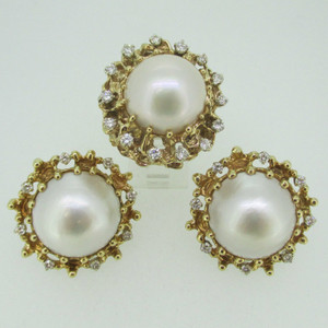 14k Yellow Gold Pearl and Approx 3.0ct TW Round Brilliant Cut Diamond Earring Ring Set Size 5 1/4