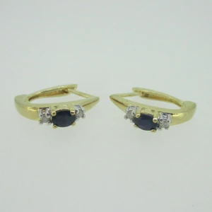10K Yellow Gold Blue Sapphire with Diamond Accents Latch Back  Earrings