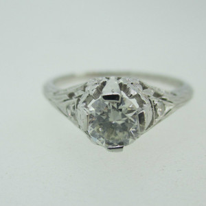 Vintage Platinum .59ct Round Brilliant Cut Diamond Solitaire Ring with Filigree Accents Size 7 1/2