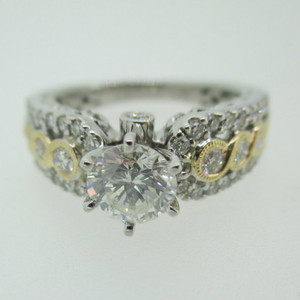 14k White Gold GIA Certified .88ct Round Brilliant Cut Diamond Ring with Yellow Gold and Diamond Accents Size 7