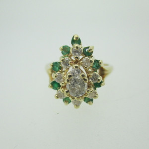 14k Yellow Gold Diamond Cluster Ring with Emerald Accents Size 5