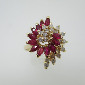 14k Yellow Gold Ruby and Diamond Cluster Fashion Ring Size 10 1/2
